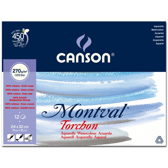 CANSON MONTVAL WATER COLOUR PADS 12 SHEETS 1SG SNOWY GRAIN COLD PRESSED 270 GSM 25% COTTON 24 x 32 CM (200807324)