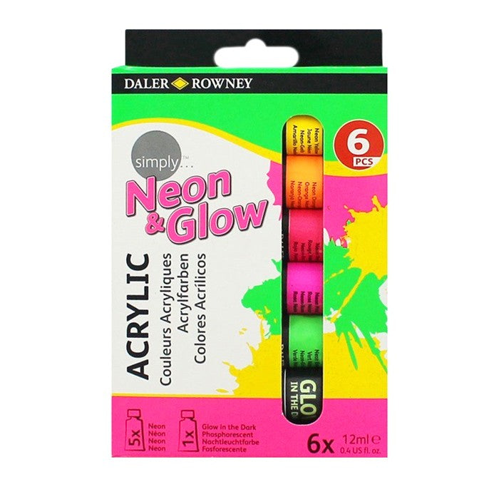 DALER & ROWNEY NEON & GLOW ACRYLIC COLOUR SET 6 X 12 ML 126500306