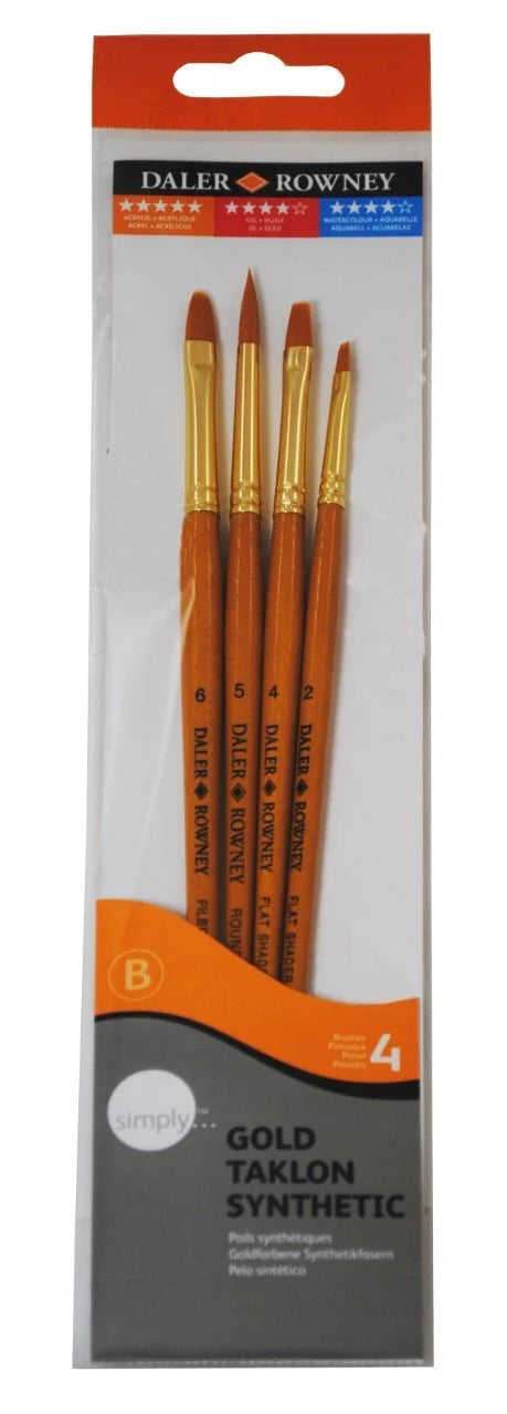 DALER & ROWNEY BRUSH GOLD TAKLON SYNTHETIC HAIR SET OF 4