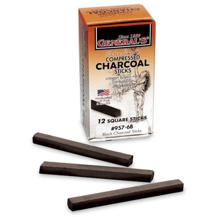 GENERAL COMPRESSED CHARCOAL STICK SQUARE HARD 2B (957-2B)