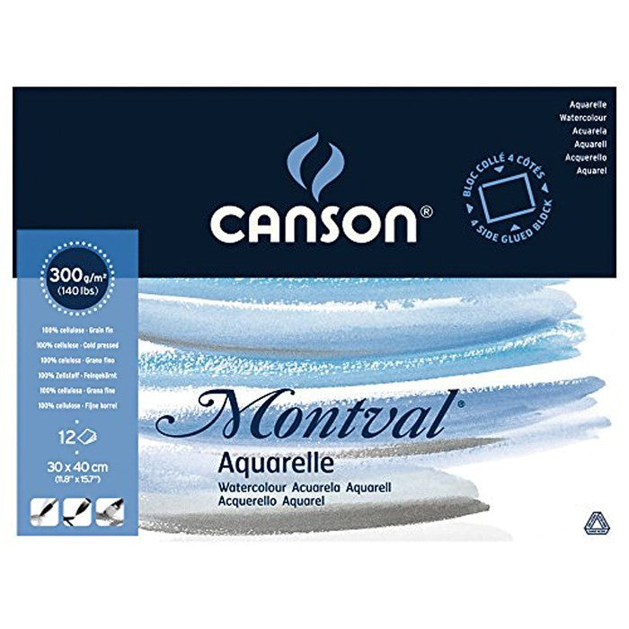 CANSON MONTVAL WATER COLOUR PAD 12 SHEETS 4SG COLD PRESSED 300 GSM 25% COTTON 30 x 40 CM (200006545)