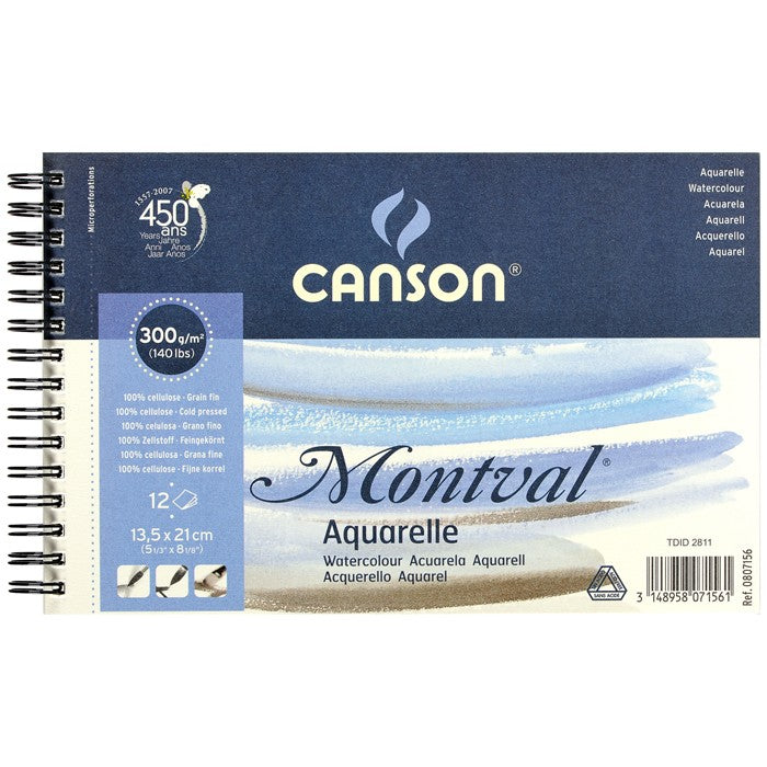 CANSON MONTVAL WATER COLOUR ALBUMS SPIRAL12 SHEETS 1SG COLD PRESSED 300 GSM 25% COTTON 13.5 x 21 CM (200807156)