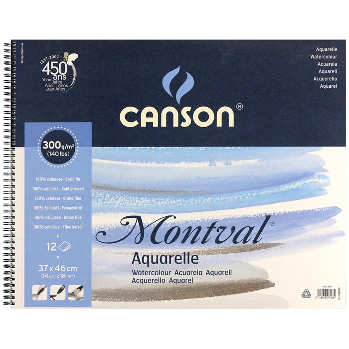 CANSON MONTVAL WATER COLOUR ALBUMS SPIRAL 12 SHEETS 1SG COLD PRESSED 300 GSM 25% COTTON 37 x 46CM (200807168)