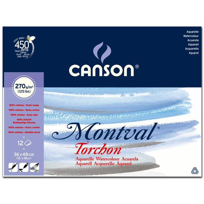 CANSON MONTVAL WATER COLOUR PADS 12 SHEETS 1SG SNOWY GRAIN COLD PRESSED 270 GSM 25% COTTON 36 x48 CM (200807326)