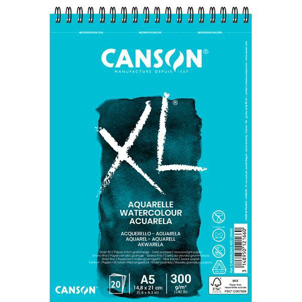 CANSON XL W/C ALBUMS SPIRAL COLD PRESSED 20 SHEETS 300 GSM 25% COTTON A5 (400082843)