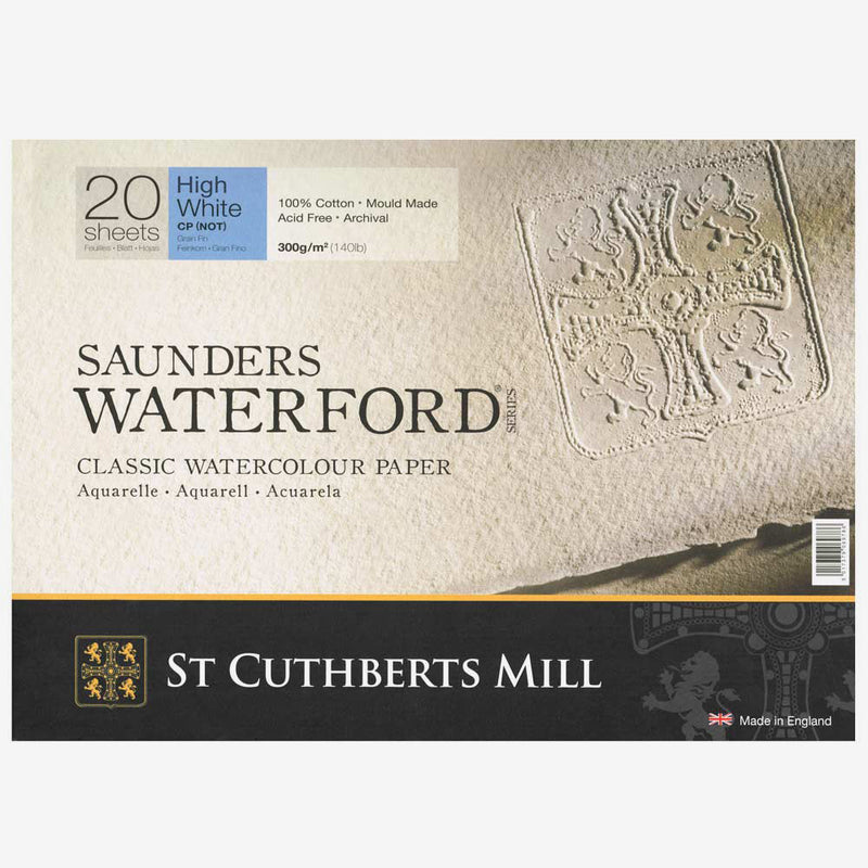 SAUNDERS WATERFORD WATER COLOUR BLOCK HIGH WHITE 20 SHEETS COLD PRESSED 300 GSM 100% COTTON 12" x 9" (46330051011C)