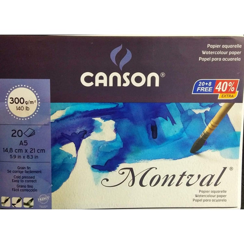 CANSON MONTVAL WATER COLOUR PAPER 20 SHEETS COLD PRESSED 300 GSM 25% COTTON A5 (400056433)