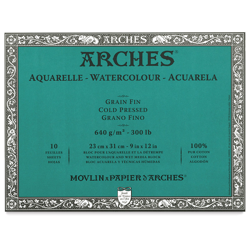 ARCHES WATER COLOUR BLOCK 10 SHEETS COLD PRESSED 640 GSM 100% COTTON 9" x 12" (1795065)