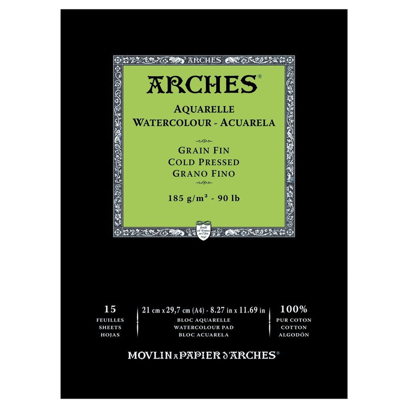 ARCHES WATER COLOUR PAD 15 SHEETS COLD PRESSED 185 GSM 100% COTTON 8.27" x 11.69" (1795218)