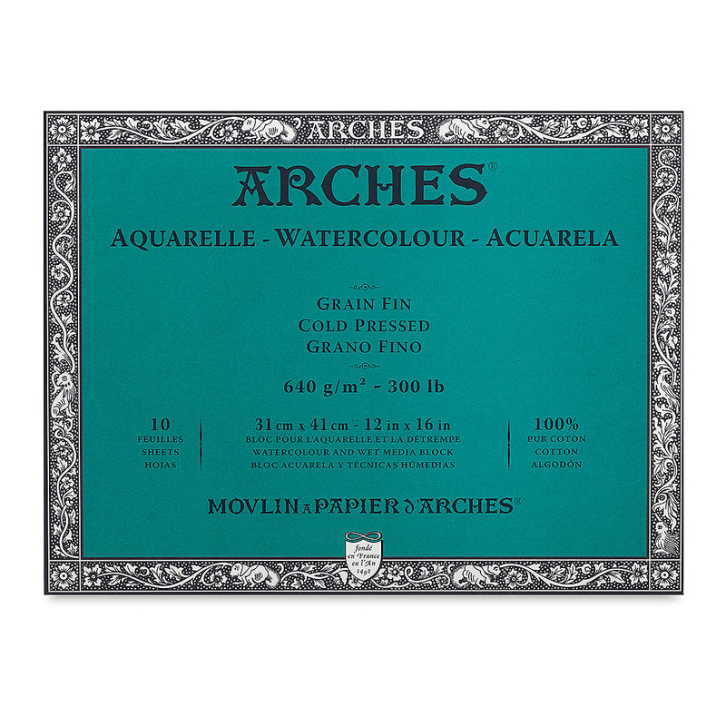 ARCHES WATER COLOUR BLOCK 10 SHEETS COLD PRESSED 640 GSM 100% COTTON 12" x 16" (1795067)