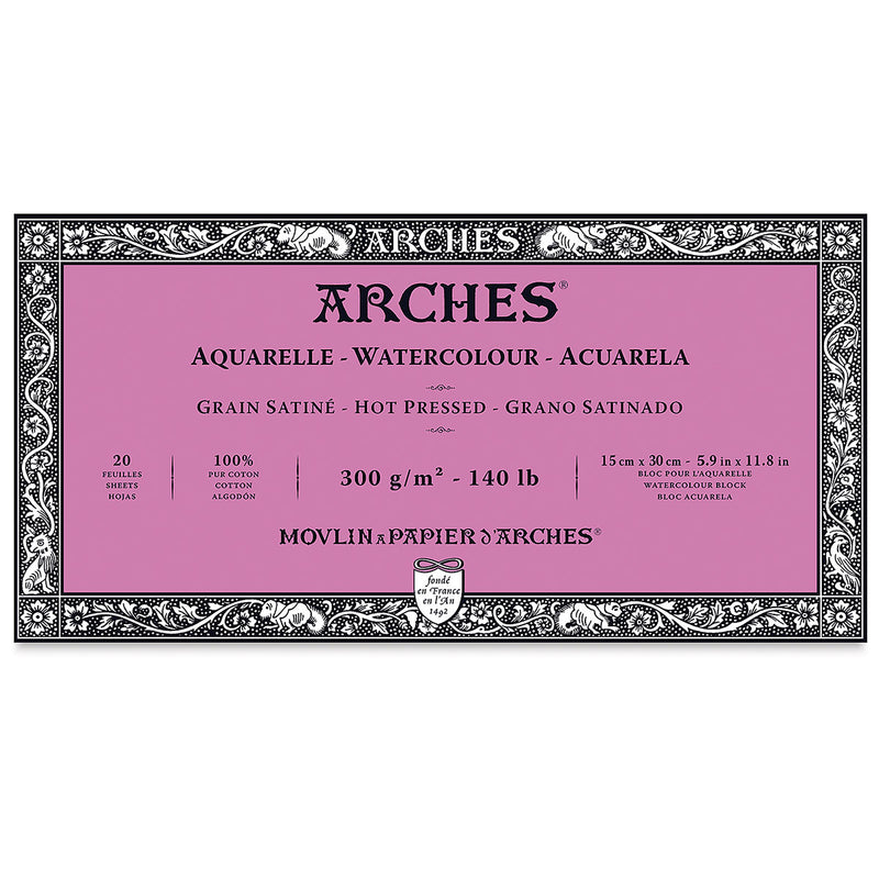 ARCHES WATER COLOUR BLOCK 20 SHEETS HOT PRESSED 300 GSM 100% COTTON 5.9" x 11.8" (1795069)