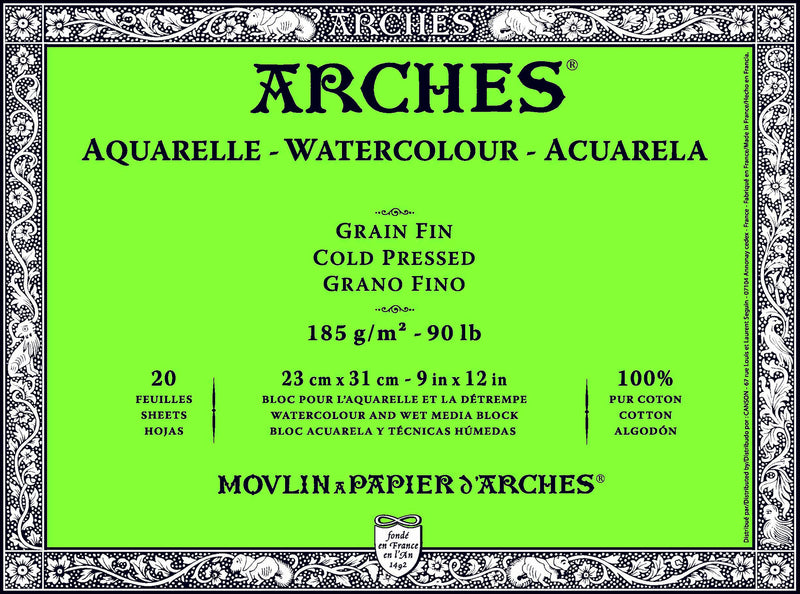 ARCHES WATER COLOUR BLOCK 20 SHEETS COLD PRESSED 185 GSM 100% COTTON 9" x 12" (1795053)