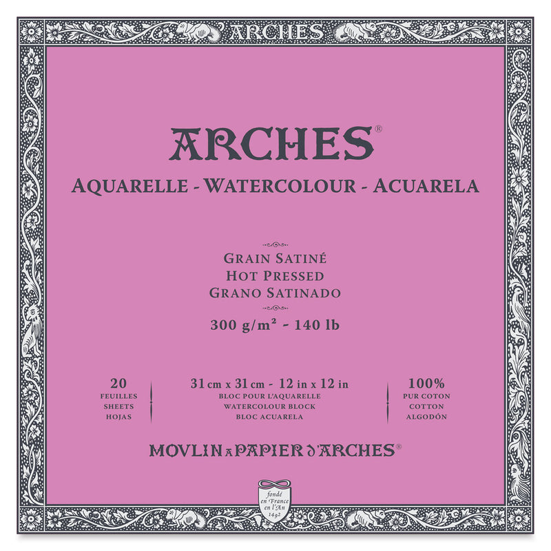 ARCHES WATER COLOUR BLOCK 20 SHEETS HOT PRESSED 300 GSM 100% COTTON 12" x 12" (1711605)