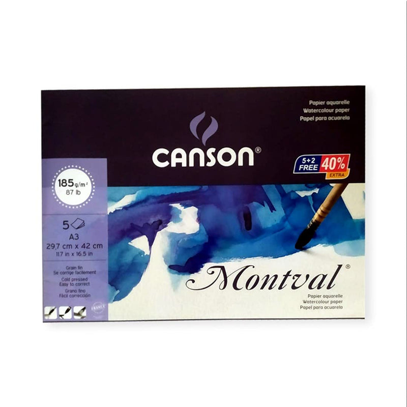 CANSON MONTVAL WATER COLOUR PAPER 5 SHEETS COLD PRESSED 185 GSM 25% COTTON A3 (400056432)