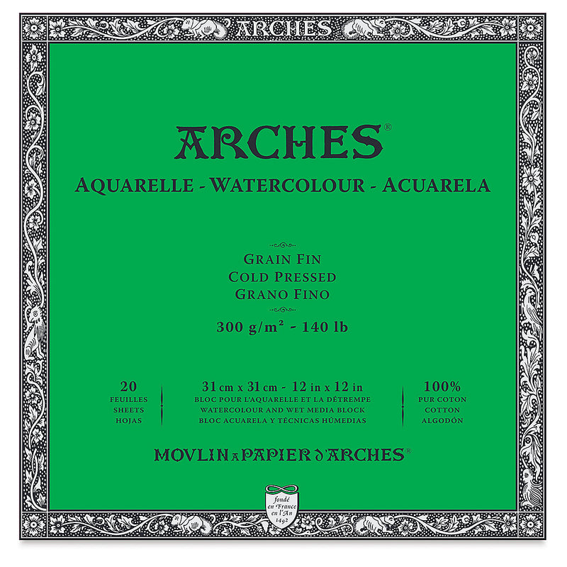 ARCHES WATER COLOUR BLOCK 20 SHEETS COLD PRESSED 300 GSM 100% COTTON 12" x 12" (1711601)