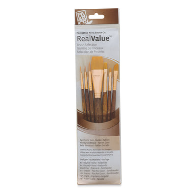 PRINCETON REAL VALUE BRUSH SELECTION SYNTHETIC HAIR GOLDEN TAKLON SHORT HANDLE SET OF 7 (9143)