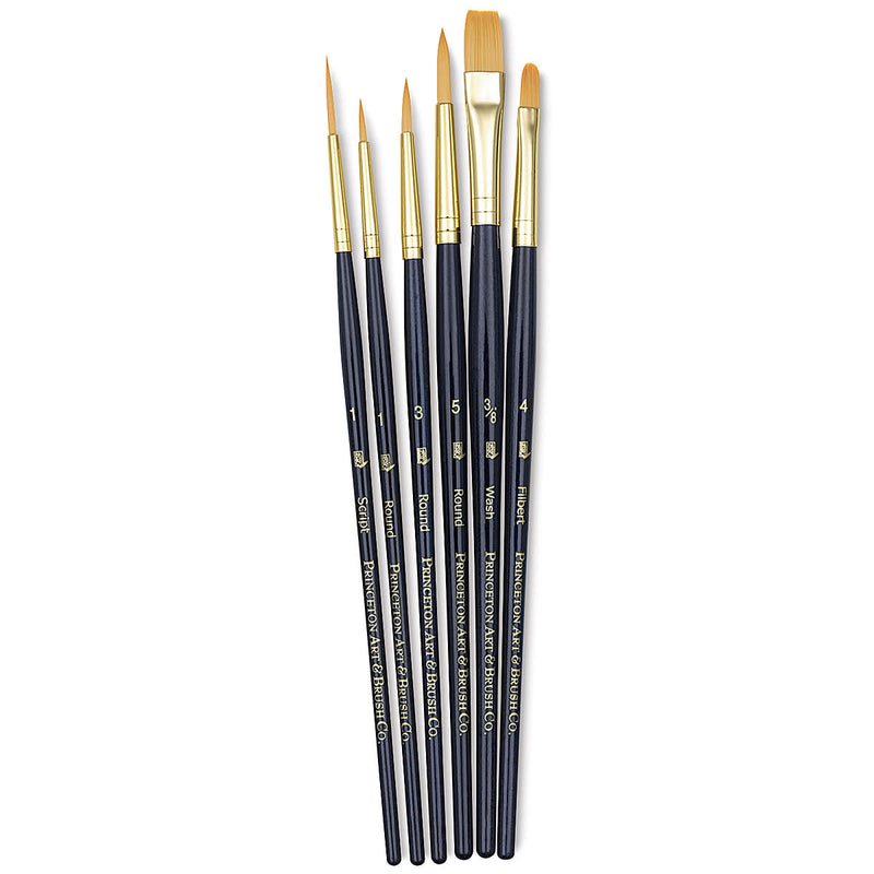 PRINCETON REAL VALUE BRUSH SELECTION SYNTHETIC HAIR GOLDEN TAKLON SHORT HANDLE SET OF 6 (9132)