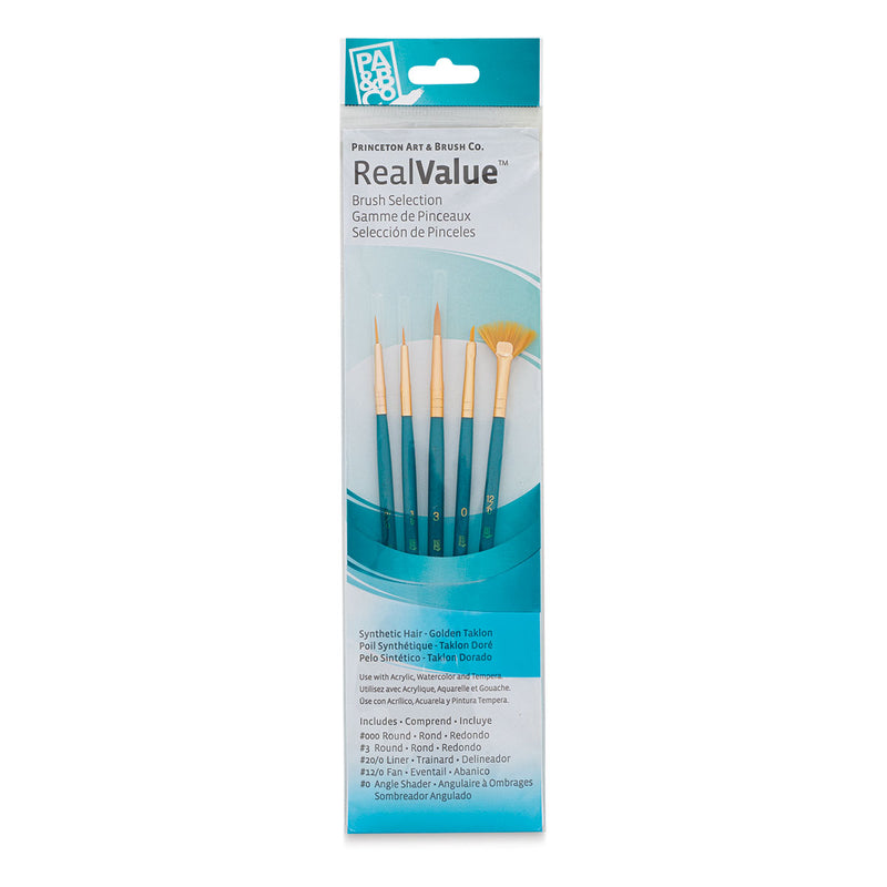 PRINCETON REAL VALUE BRUSH SELECTION SYNTHETIC HAIR GOLDEN TAKLON SHORT HANDLE SET OF 6 (9170)