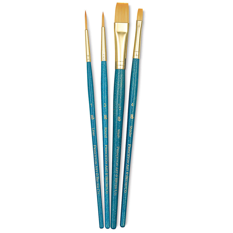 PRINCETON REAL VALUE BRUSH SELECTION SYNTHETIC HAIR GOLDEN TAKLON SHORT HANDLE SET OF 4 (9172)