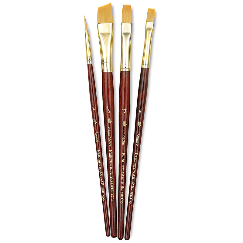 PRINCETON REAL VALUE BRUSH SELECTION SYNTHETIC HAIR GOLDEN TAKLON SHORT HANDLE SET OF 4 (9123)