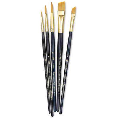 PRINCETON REAL VALUE BRUSH SELECTION SYNTHETIC HAIR GOLDEN TAKLON SHORT HANDLE SET OF 5 (9139)