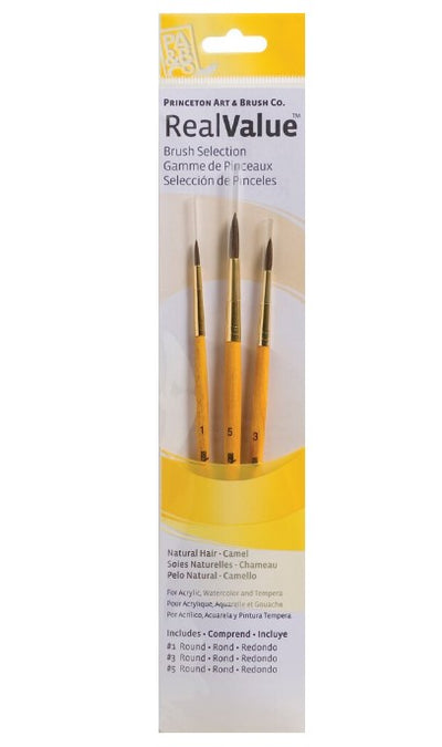 PRINCETON REAL VALUE BRUSH SELECTION SYNTHETIC HAIR CAMEL SHORT HANDLE SET OF 3 (9100)