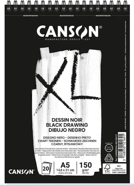 CANSON XL BLACK ALBUMS SPIRAL DEEP BLACK 20 SHEETS 150 GSM A5 (400082844)